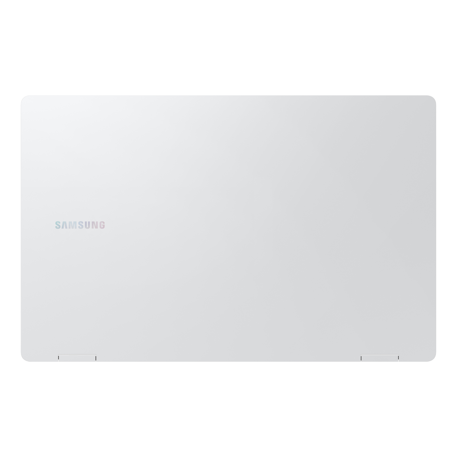 Witte laptop met het Samsung-logo op de achterkant, zwarte achtergrond.