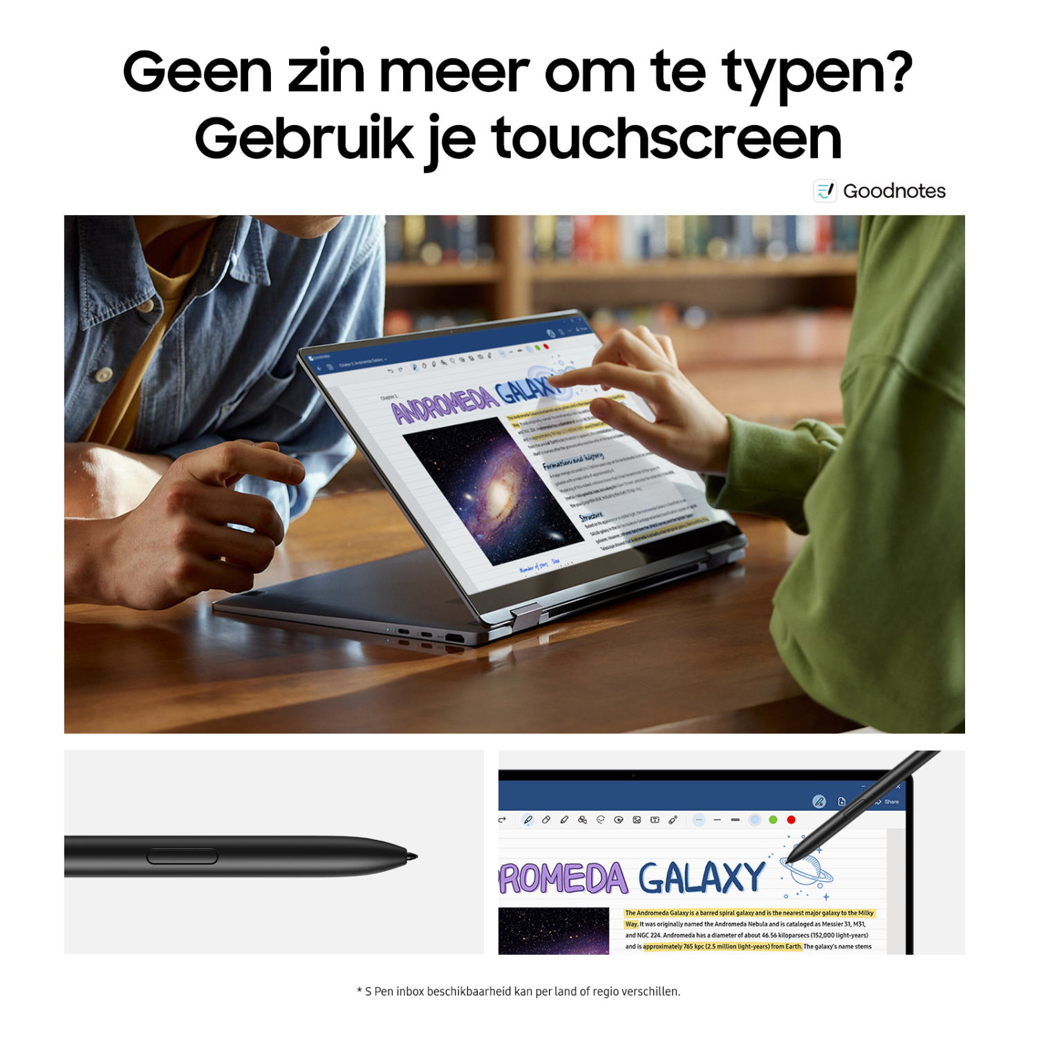 Een laptop met een pen, open en toont een document. Tekst bovenaan, pen onderaan.