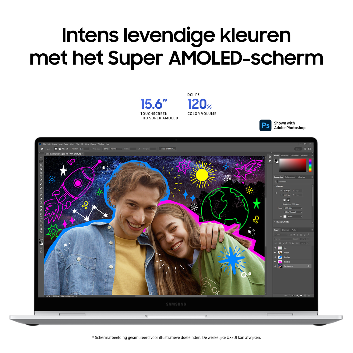 Laptopscherm met twee lachende mensen, die een kleurrijke afbeelding bewerken. Tekst bovenaan.