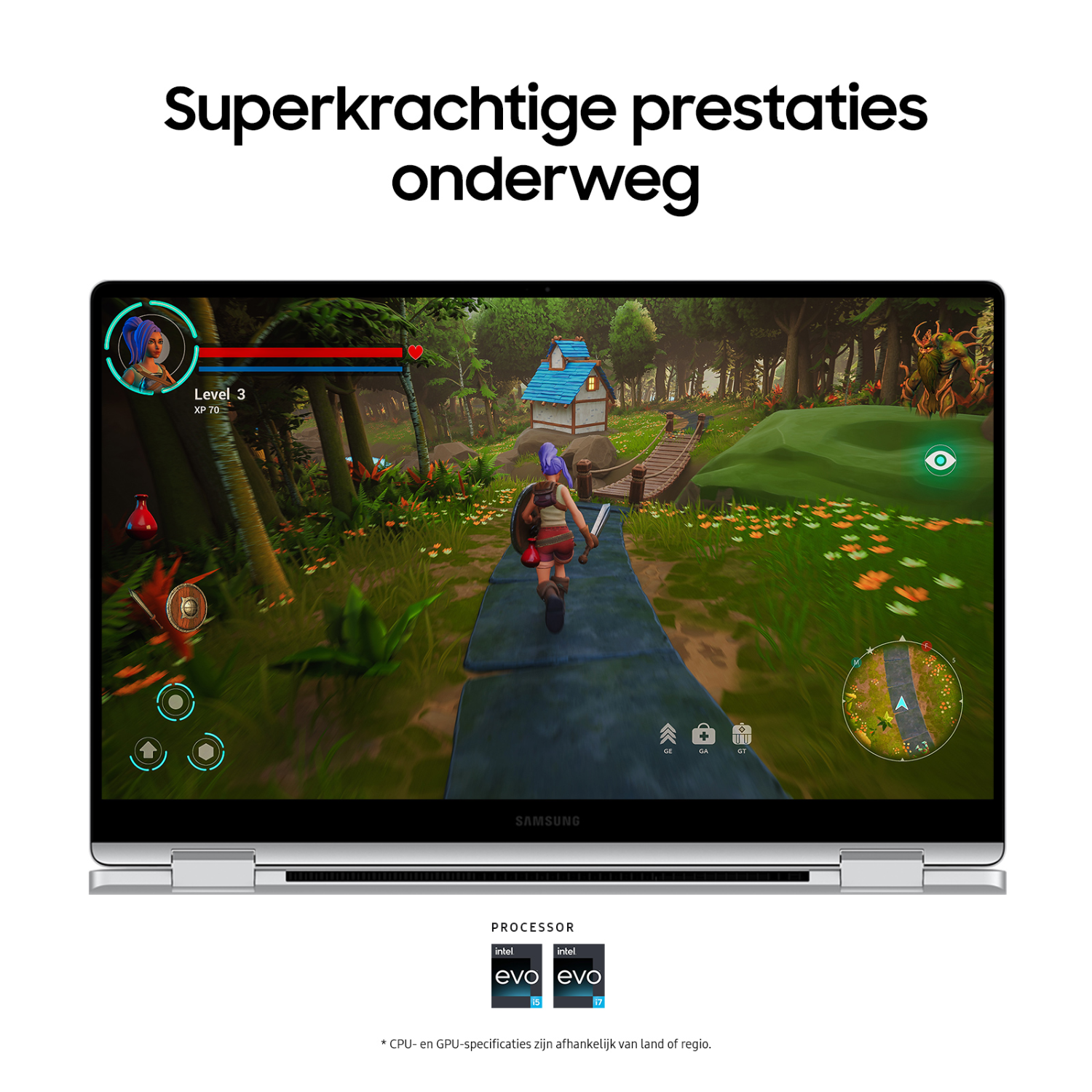 Laptop scherm toont een spel, met tekst over prestaties en processor, witte achtergrond.