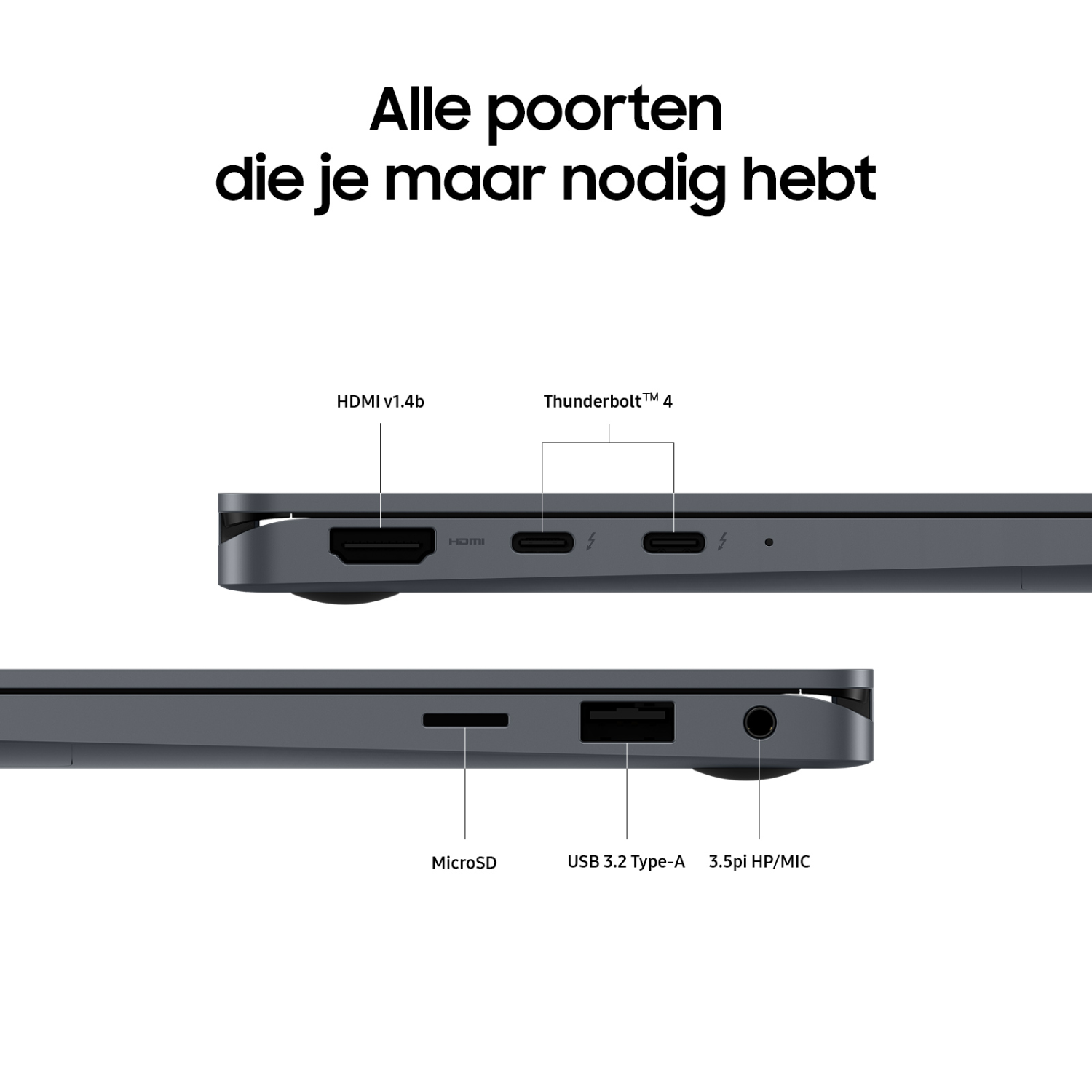 Close-up van laptop poorten: HDMI, Thunderbolt, MicroSD, USB en een koptelefoonaansluiting zijn zichtbaar.