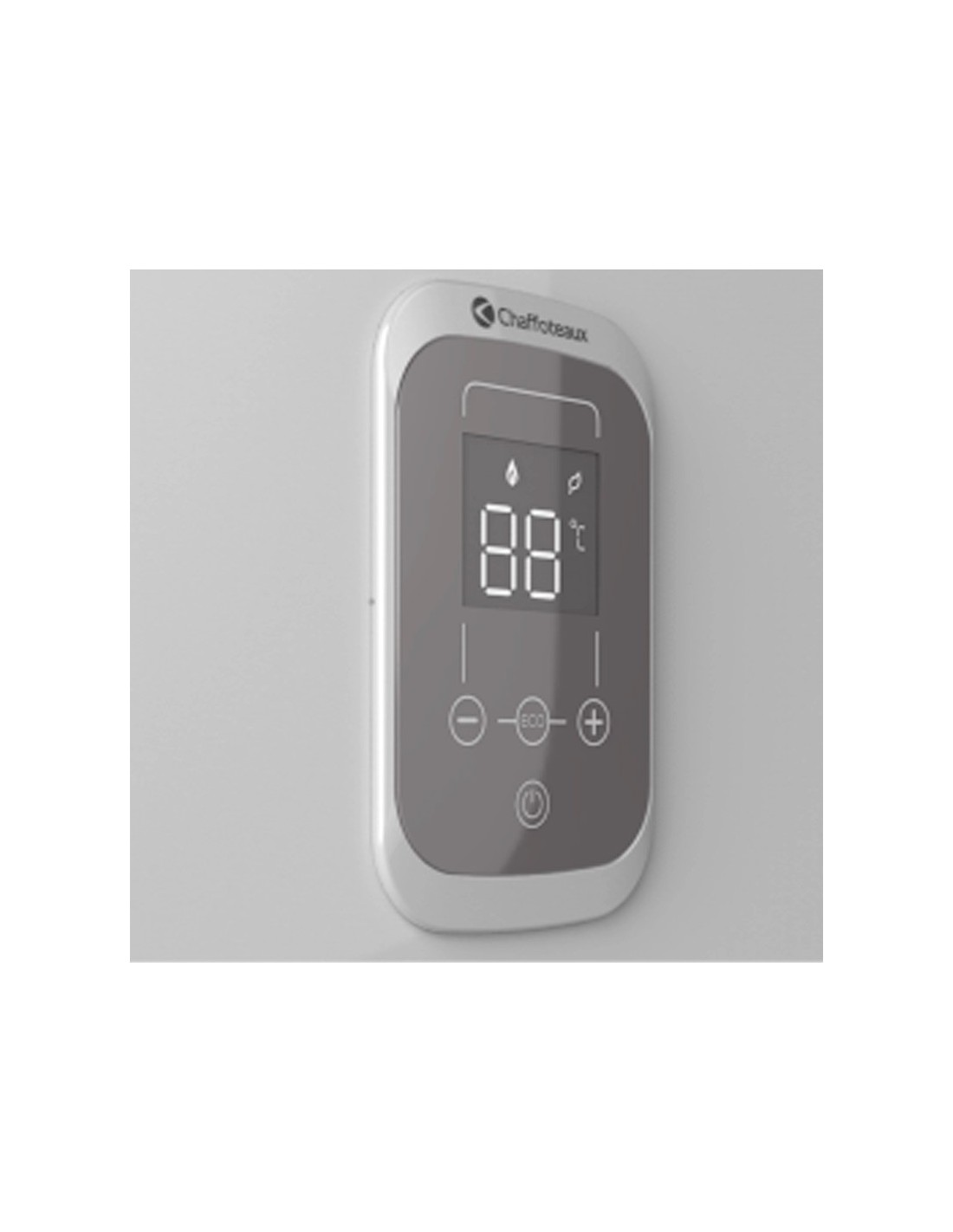 Panel de control digital que muestra 88 grados Celsius. Botones para configuraciones en una pared blanca.
