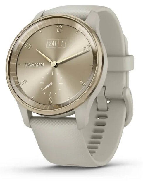 Jasnobrązowy zegarek Garmin ze złotą ramką i pasującym paskiem.