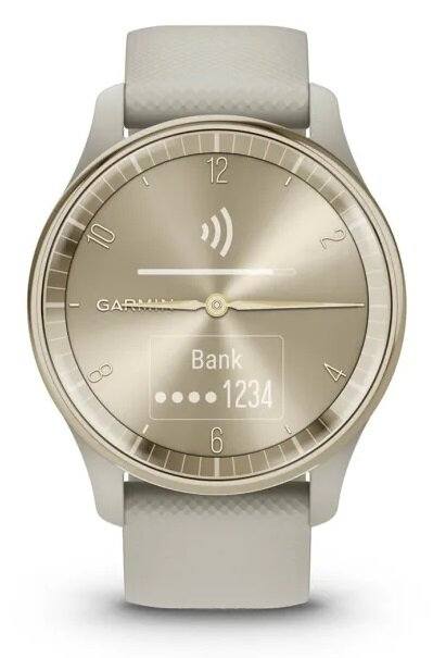 Złoty smartwatch z jasnym paskiem.