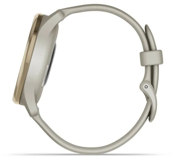 Widok z boku złotego i srebrnego smartwatcha z szarym paskiem na białym tle.