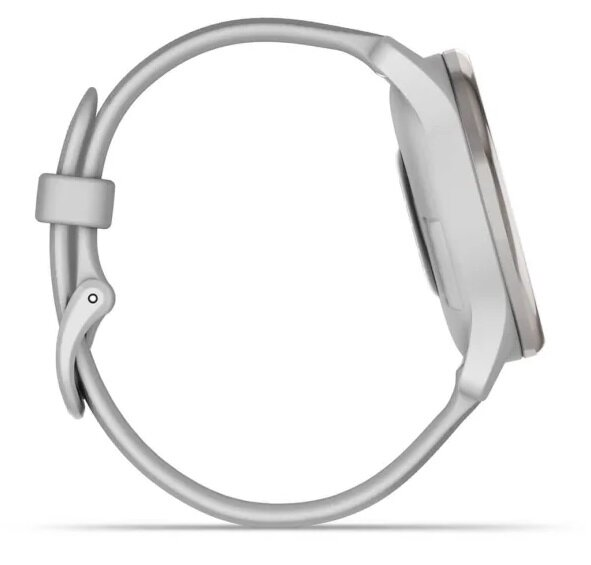 Widok z boku srebrnego smartwatcha z szarym paskiem, lekko skierowany w górę.