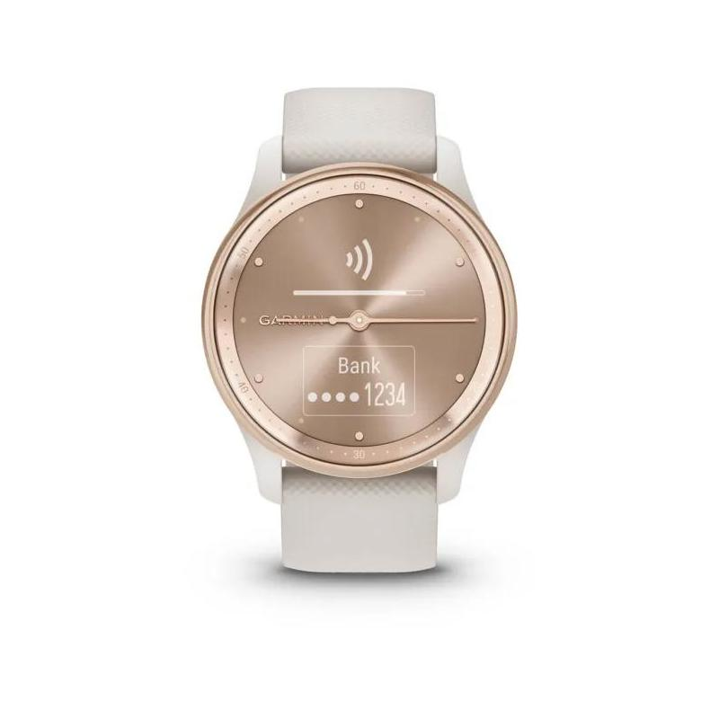 Zegarek Garmin w kolorze różowego złota z białym paskiem. Tarcza zegarka wyświetla cyfrowy wyświetlacz i ikonę banku.