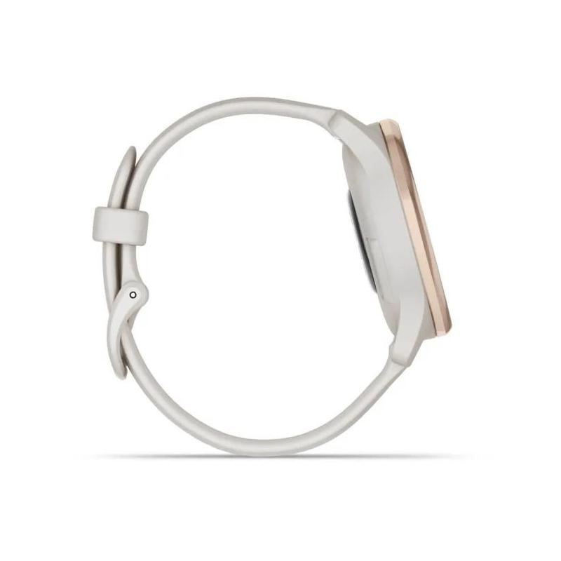 Widok z boku smartwatcha. Biały pasek, złota obwódka, czarny ekran, widoczny przycisk.