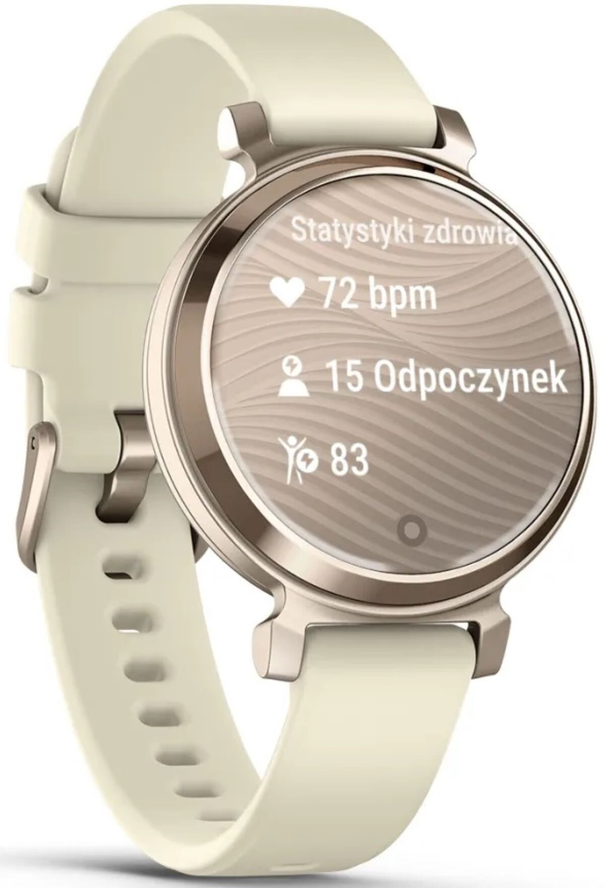 Smartwatch z kremowym paskiem, okrągłą tarczą. Wyświetla tętno, czas odpoczynku i figurę.