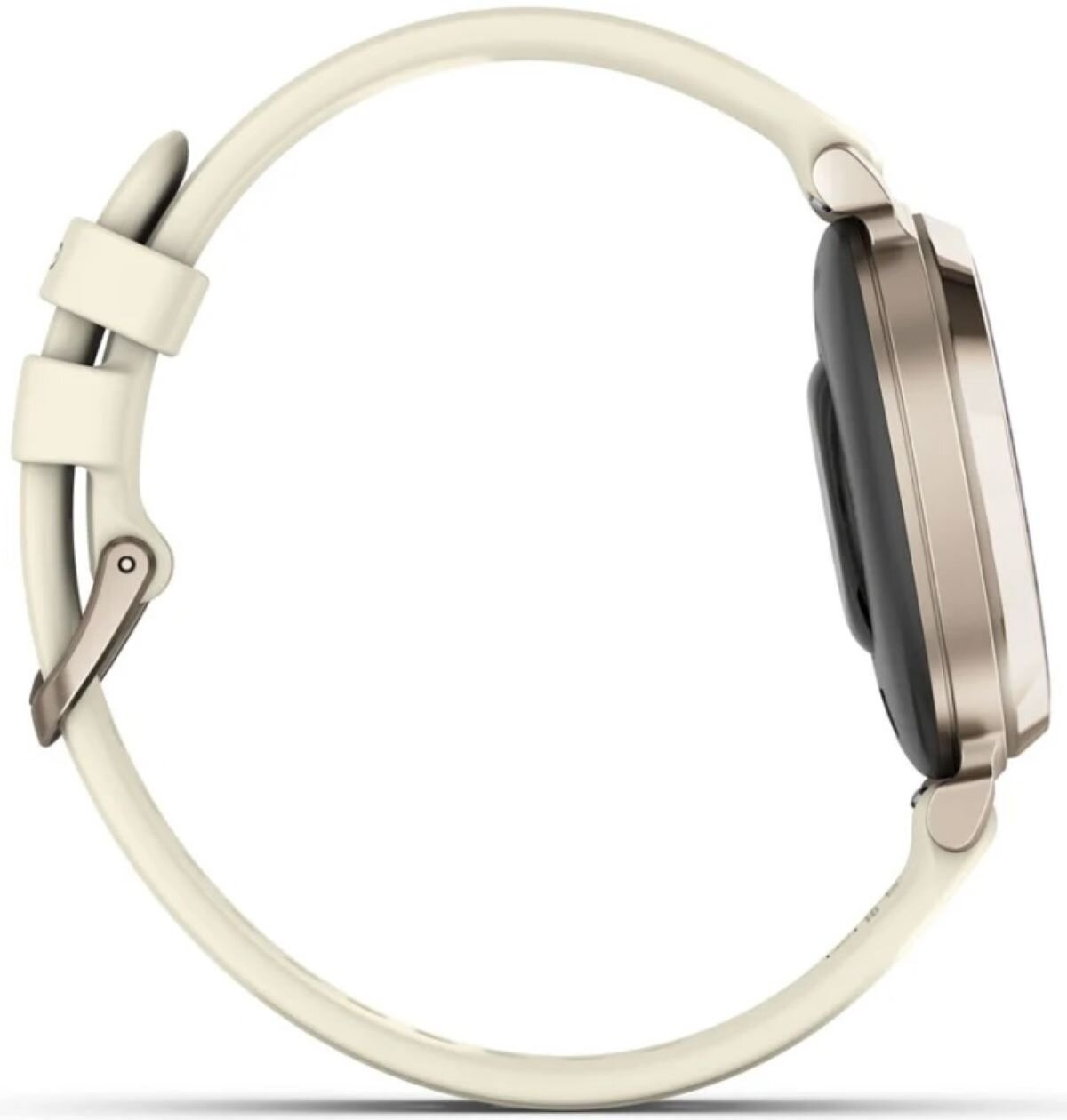Widok z boku kremowego smartwatcha ze złotą ramką i białym paskiem.