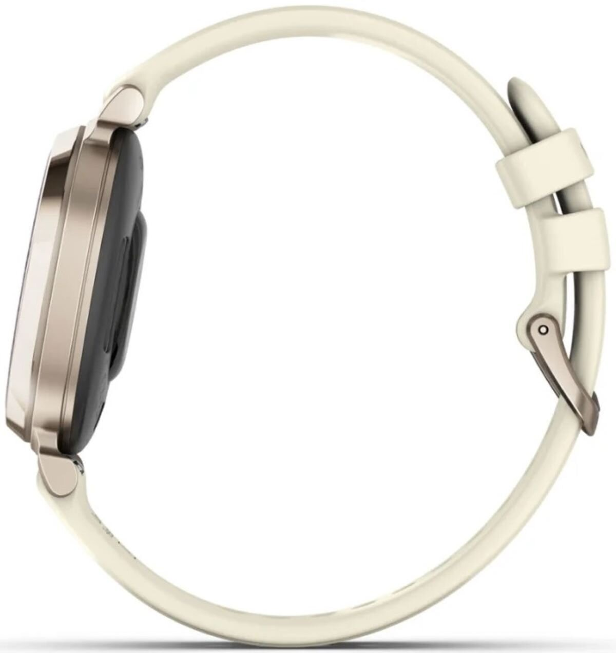 Widok z boku złotego smartwatcha z białym paskiem, pokazujący profil zegarka.