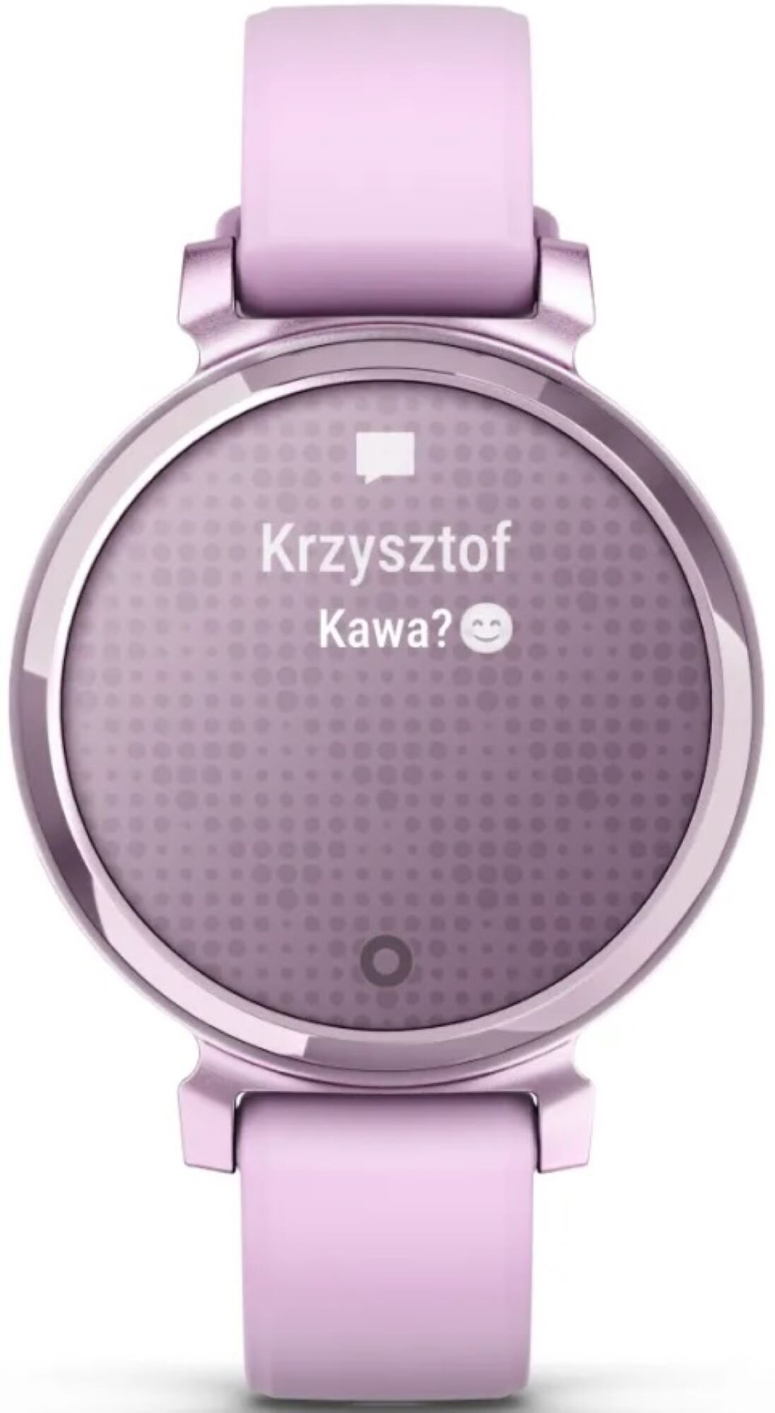 Różowy smartwatch wyświetlający wiadomość od 'Krzysztofa': 'Kawa?' z emotikoną uśmiechu.