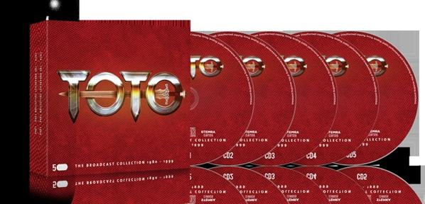 TOTO zenei CD-készlet piros dobozban. Több CD látható.
