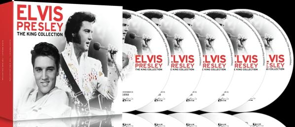Elvis Presley CD-készlet, több lemezzel és dobozzal, fekete háttéren.