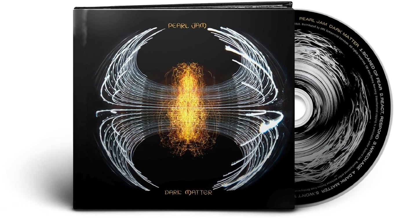 Pearl Jam Dark Matter album borító. Fekete háttér fehér és narancssárga grafikai dizájnnal és CD-vel.