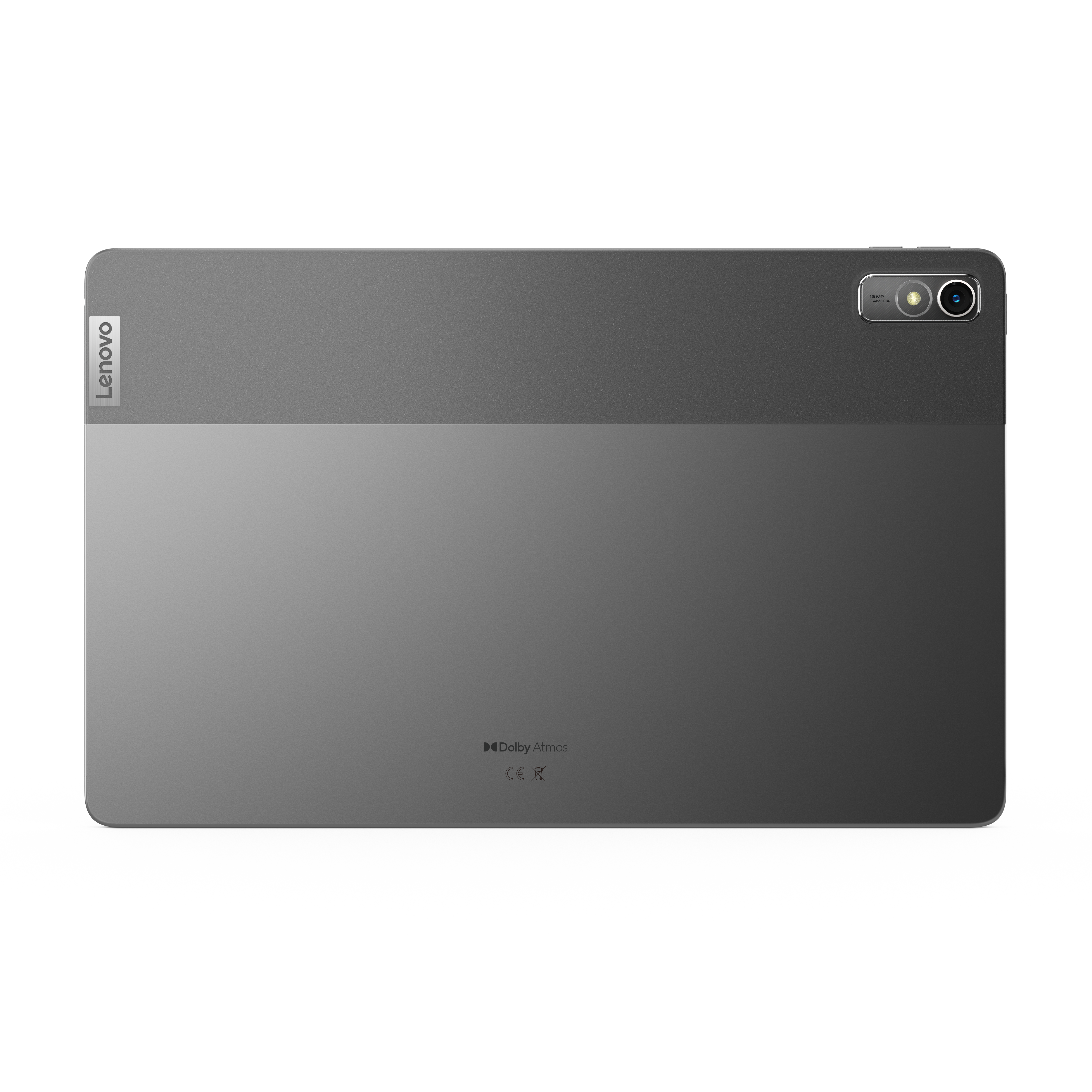 Kamera ve Lenovo logosu olan gri bir Lenovo tabletin arka görünümü.