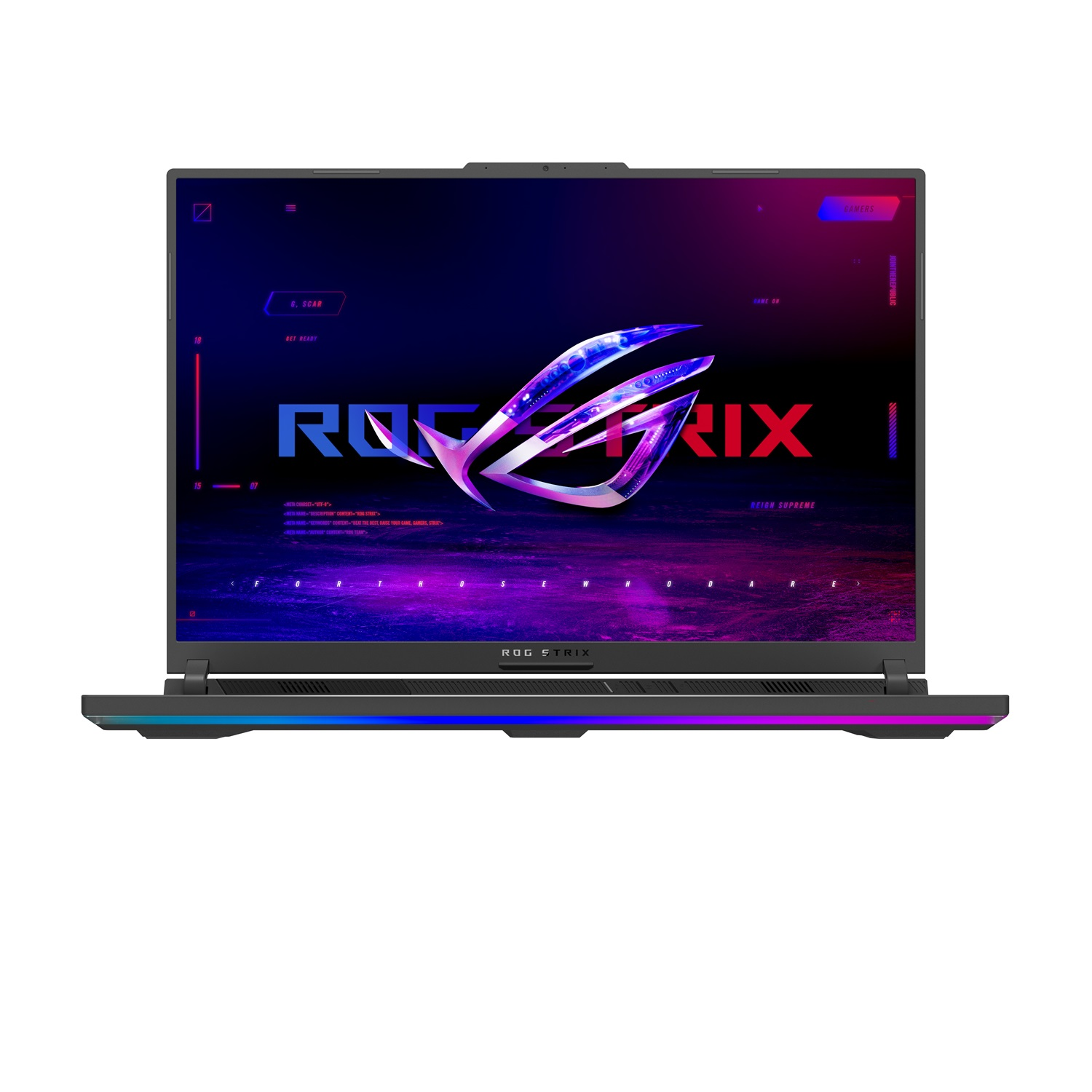 ROG logosu ve renkli bir alt kenar gösteren bir ekrana sahip bir dizüstü bilgisayar.