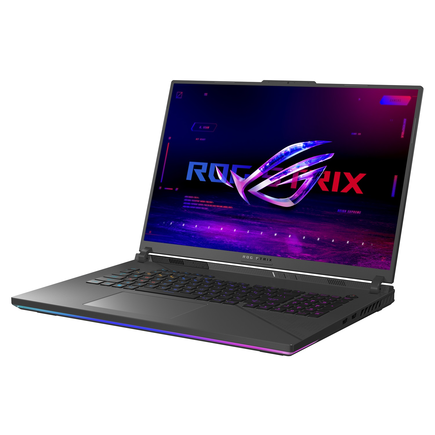 RGB klavyeli oyun dizüstü bilgisayarı, oyun arayüzünü gösteren ekran ve ROG Strix markası.