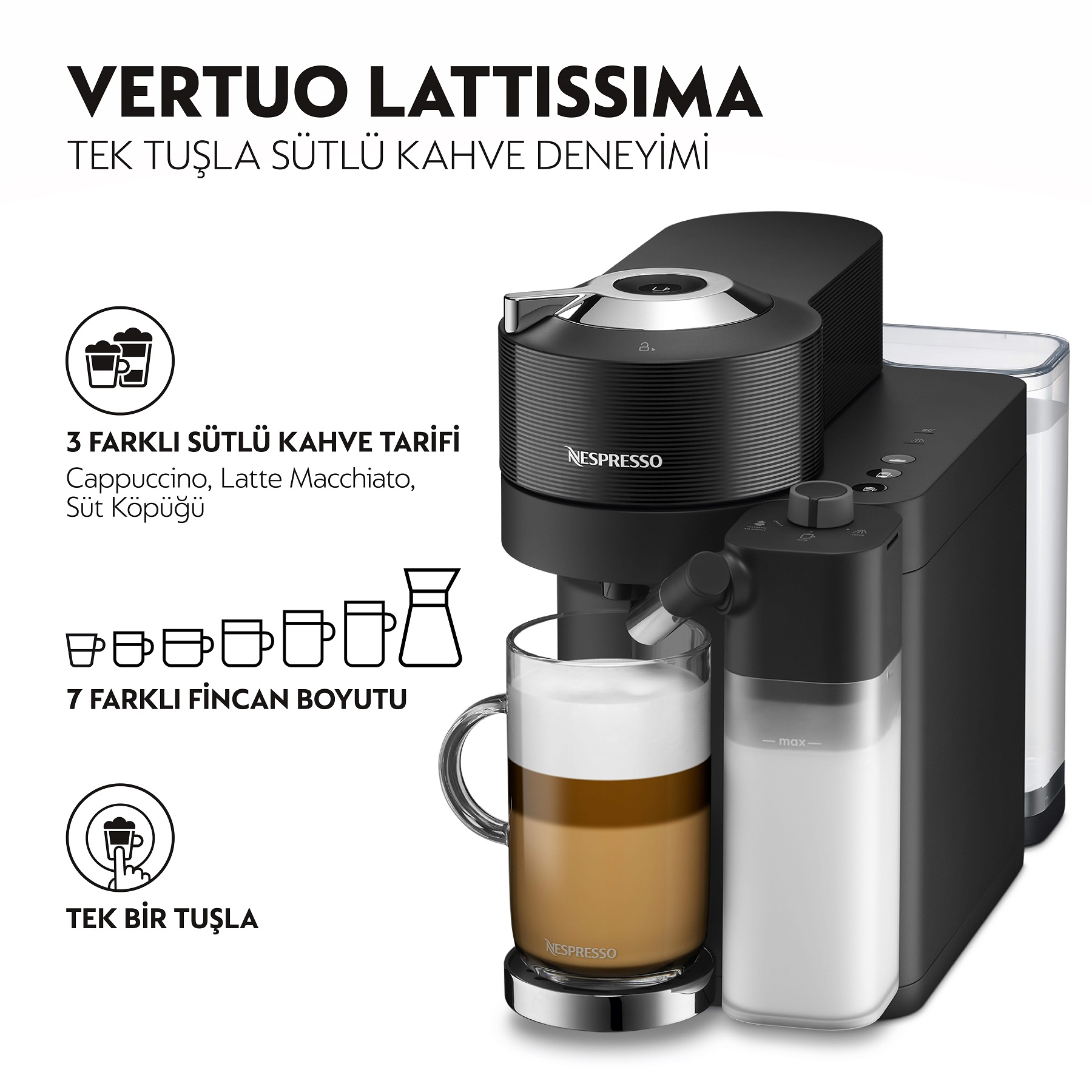Siyah Nespresso Vertuo Lattissima kahve makinesi. İçinde süt ve kahve bulunan bir bardak.