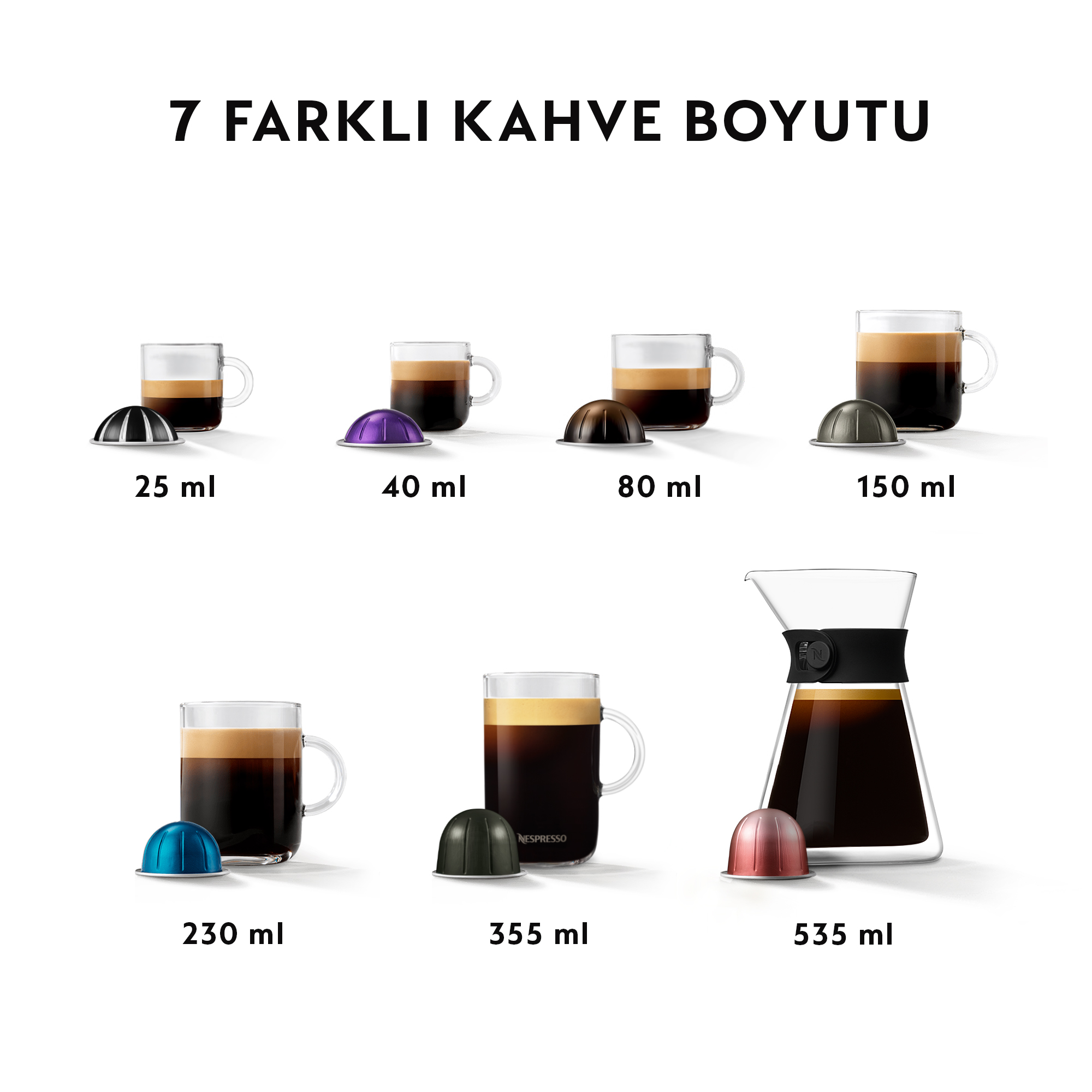25ml, 40ml, 80ml, 150ml, 230ml, 355ml, 535ml dahil olmak üzere 7 farklı kahve boyutu.