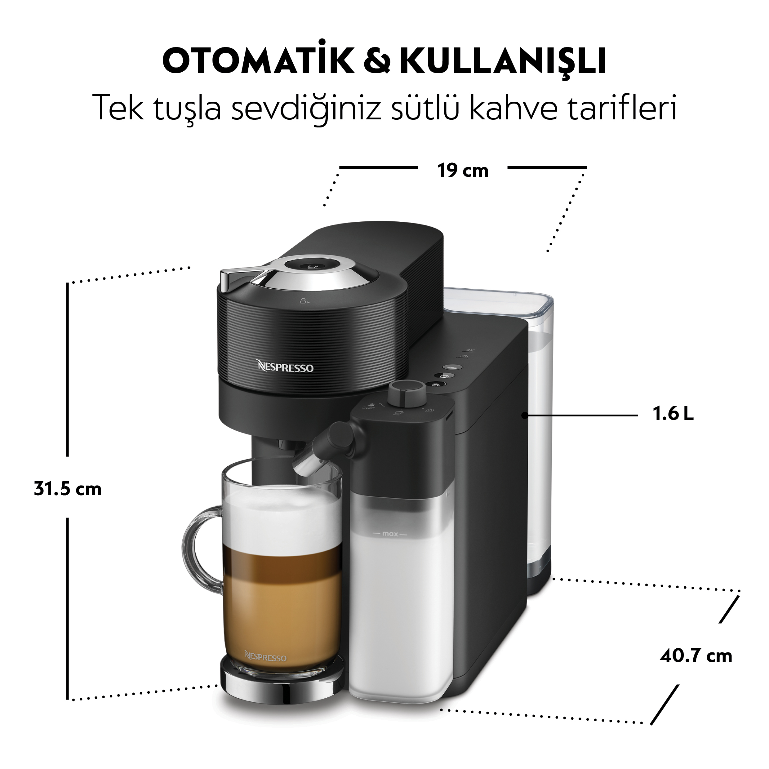 Süt köpürtücü, kahve fincanı ve boyutları olan Nespresso kahve makinesi. Siyah ve gümüş renk şeması.