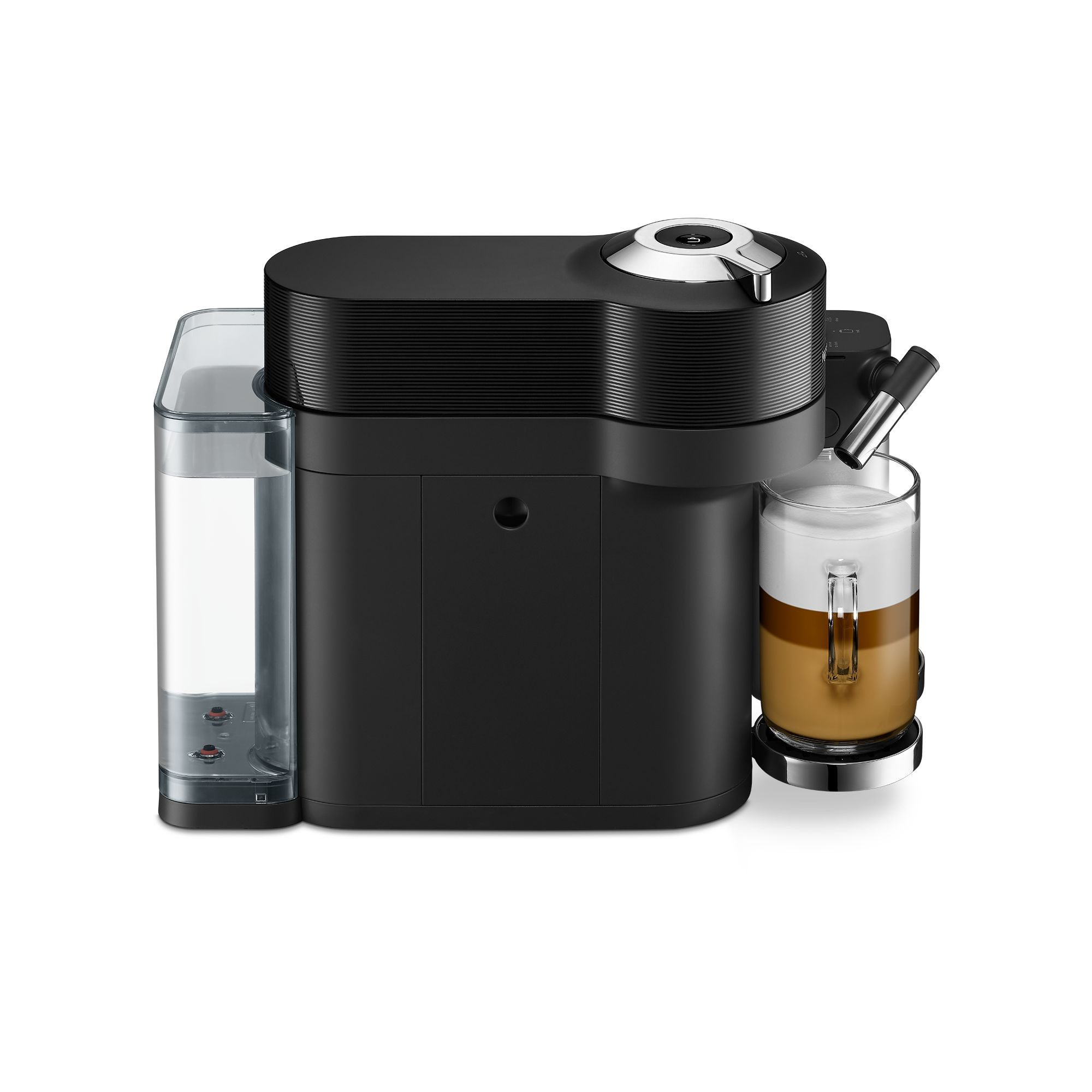 Süt köpürtücülü siyah bir Nespresso kahve makinesi, bir fincan kahve ile.
