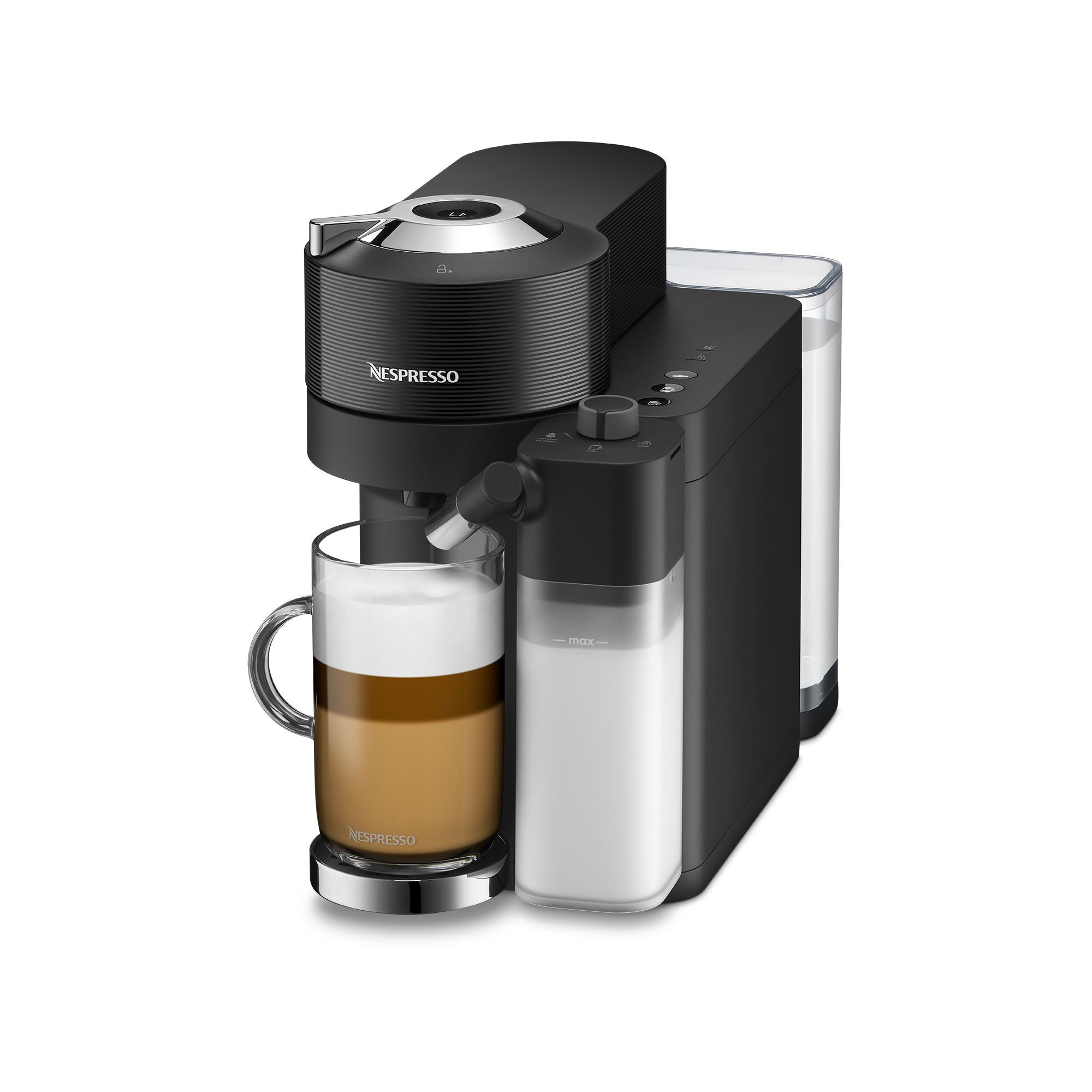 Siyah Nespresso makinesi, cam kahve fincanı ve süt köpürtücü.