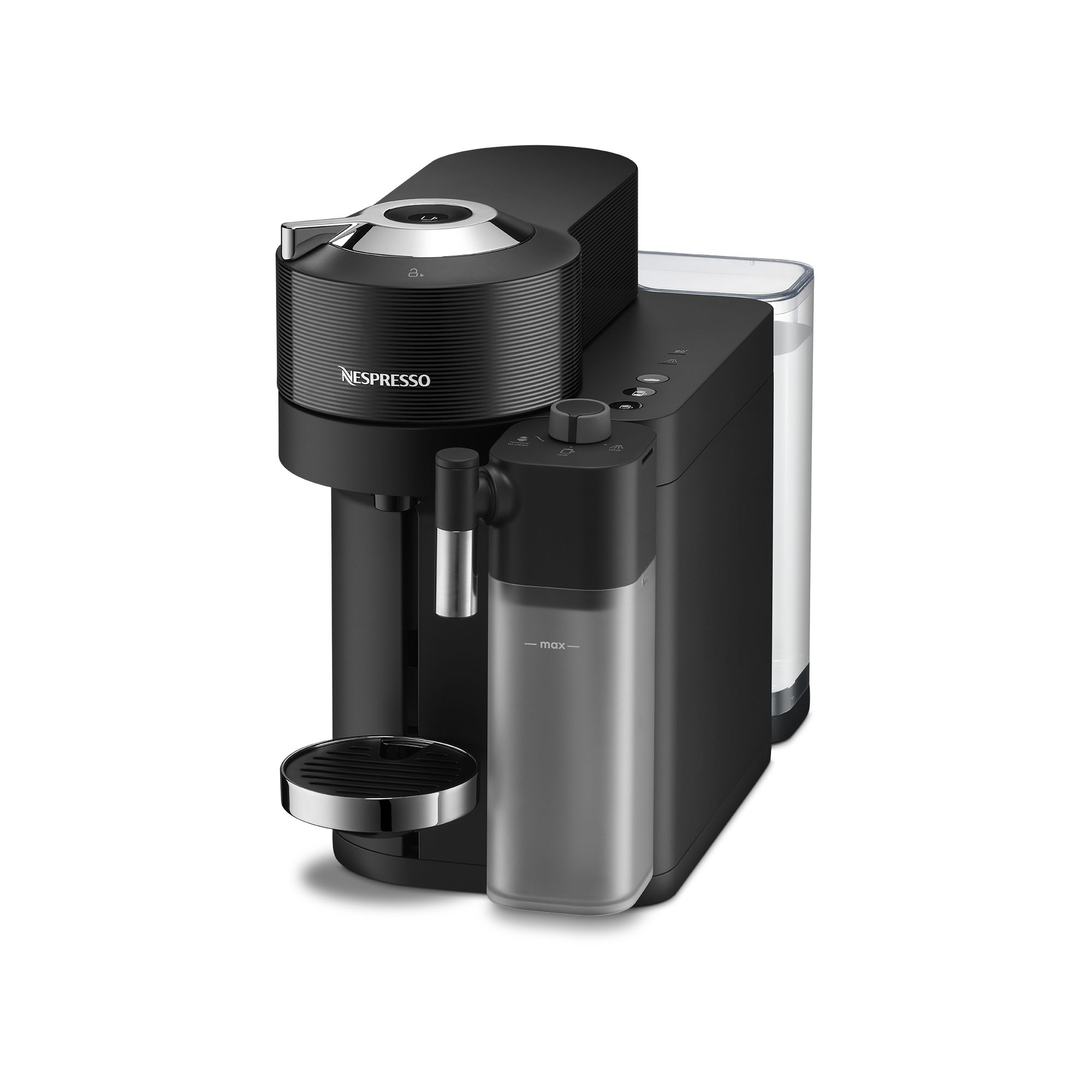 Su deposu ve fincan standı olan siyah Nespresso kahve makinesi.