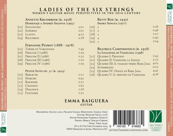 Ein CD-Cover mit Text über 'Ladies of the Six Strings'. Auf der Rückseite sind verschiedene Musikstücke aufgeführt.