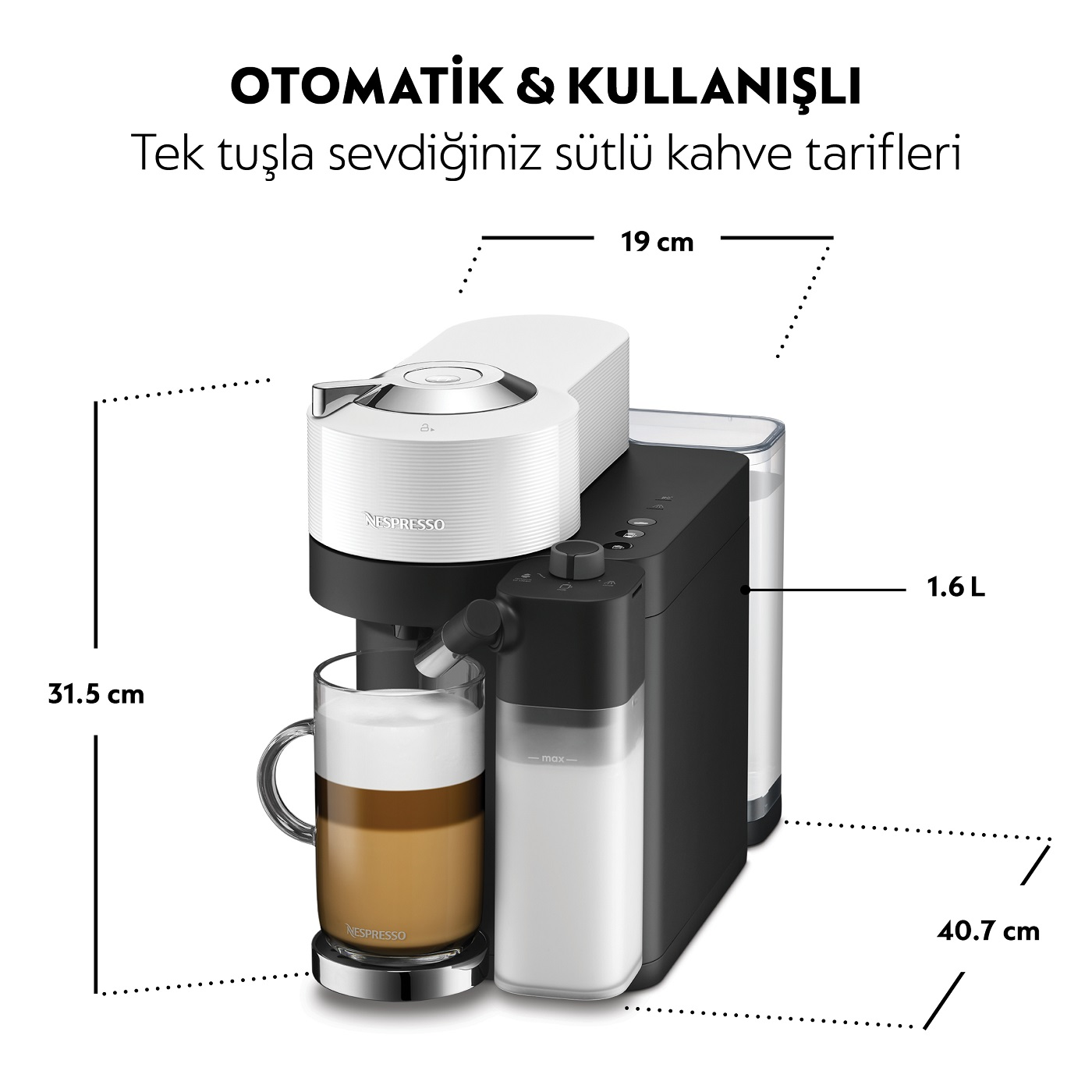 Ölçüleri görüntülenen kahve makinesi. Bir kahve fincanı ve bir süt köpürtücü gösterir.