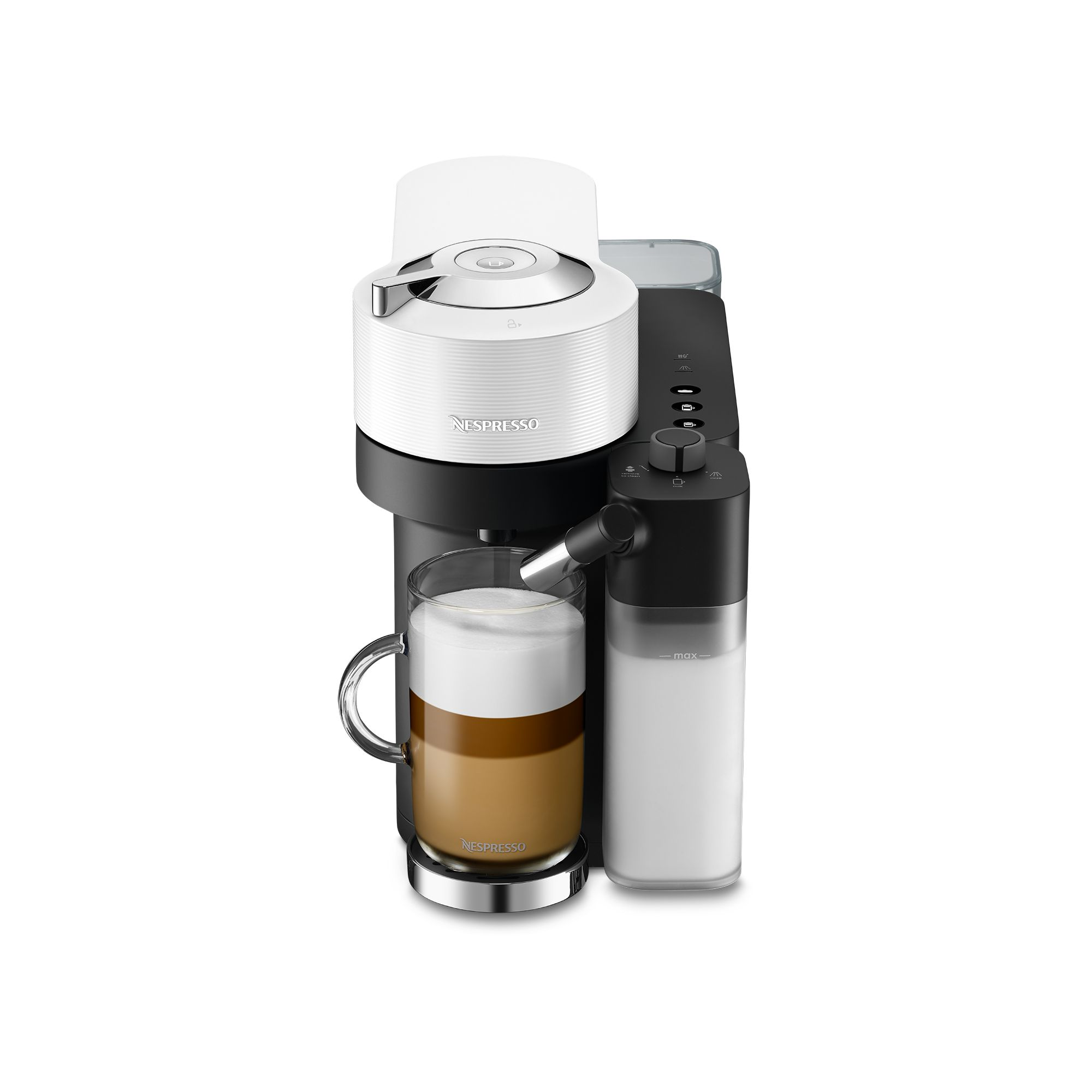 Bir bardak latte ve bir süt kabı ile bir Nespresso kahve makinesi.