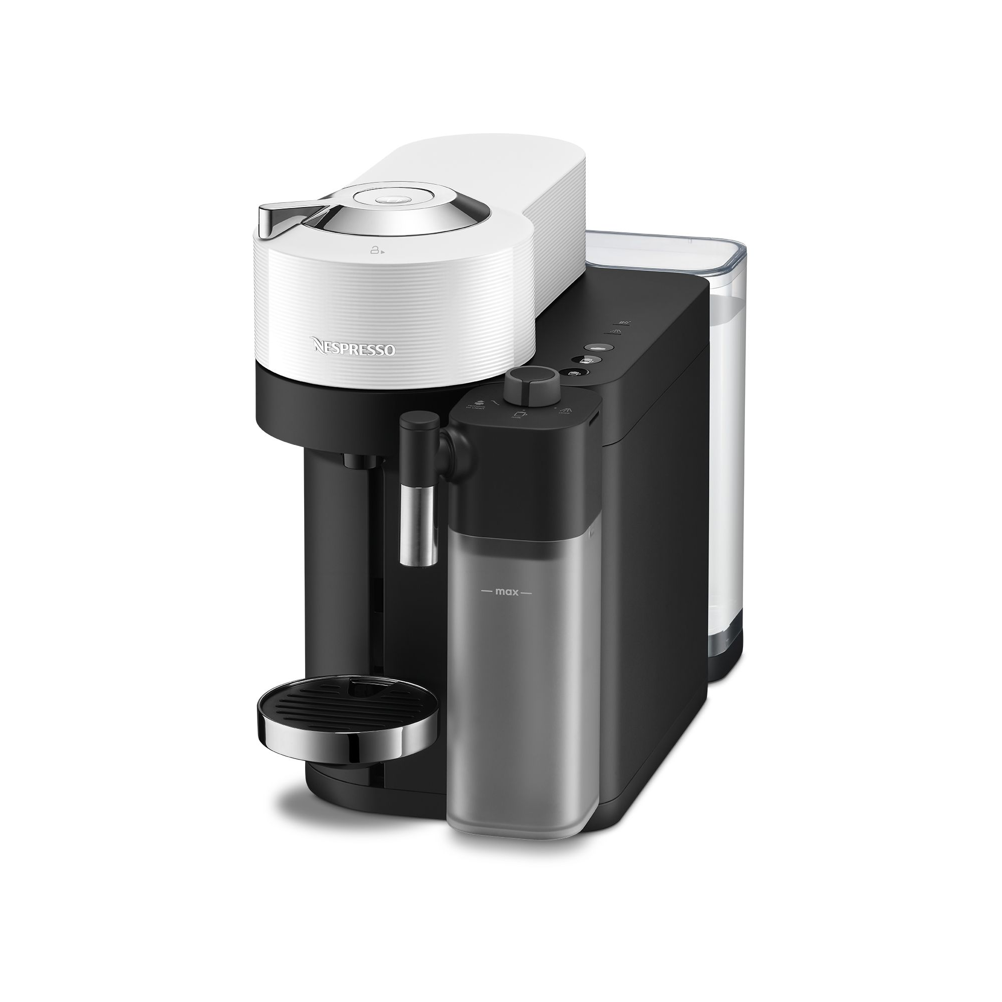 Modern bir Nespresso kahve makinesi, siyah beyaz tasarım, yanında bir su deposu ile.