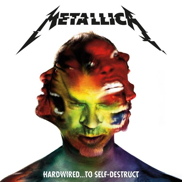 Metallica Albumcover mit verzerrtem Gesicht und Bandlogo, mehrfarbig. Weißer Hintergrund.