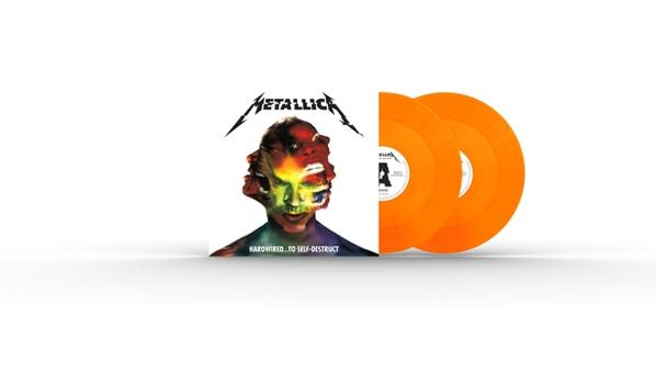 Metallica-Albumcover, orangefarbene Vinylplatten auf Weiß. Hardwired...To Self-Destruct.