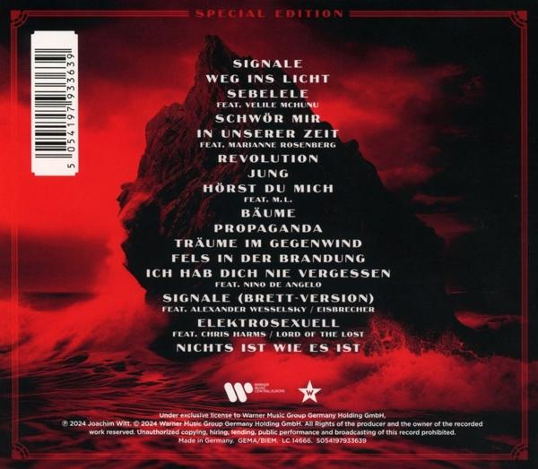 Albumcover mit rotem Hintergrund, schwarzem Text und Berg-Grafik. Eine Liste der Songtitel ist sichtbar.