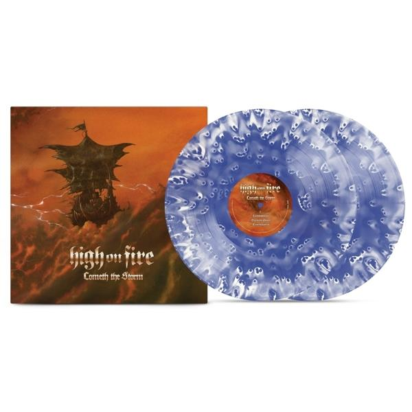 Albumcover und zwei blaue Vinyl-Schallplatten mit weißer Marmorierung.
