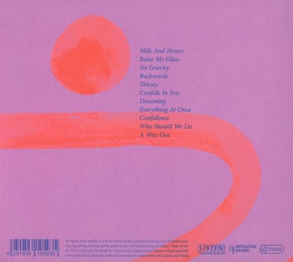 Albumcover mit Text, orangefarbenen Kreisen und Linie auf lila Hintergrund. Tracklist sichtbar.