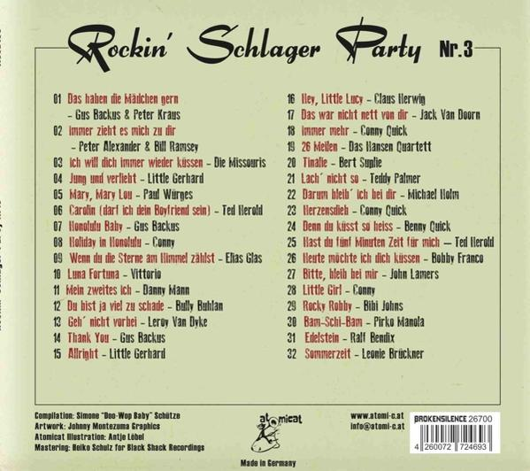 Albumcover mit Songliste für Rockin' Schlager Party Nr.3, Compilation Details, Logo und Barcode.