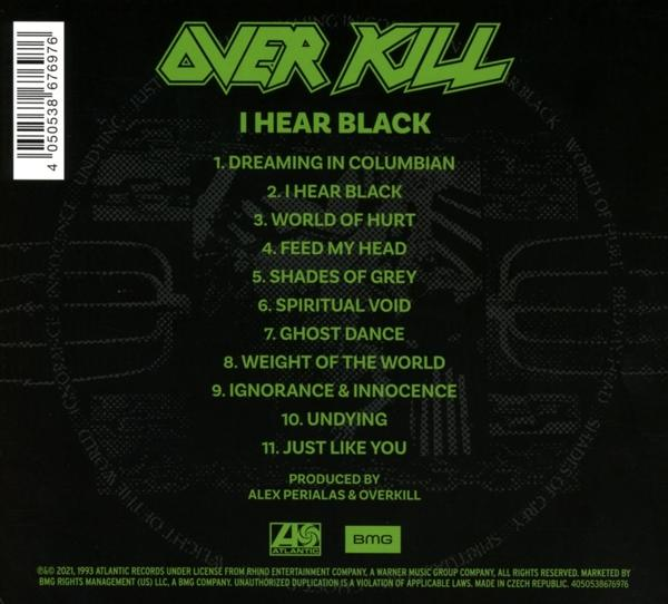 Overkill 'I Hear Black' Album-Rückseite mit Trackliste und Logos.