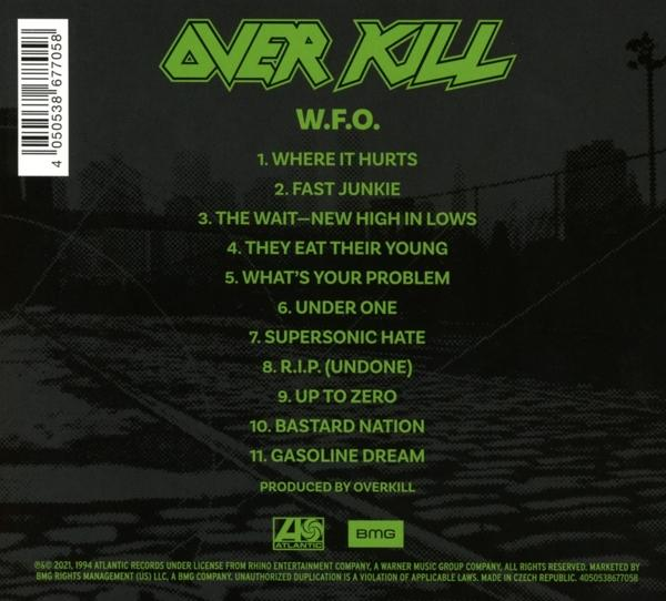 Rückseite einer Overkill-CD, Album W.F.O., mit einer Titelliste und dem Bandlogo.
