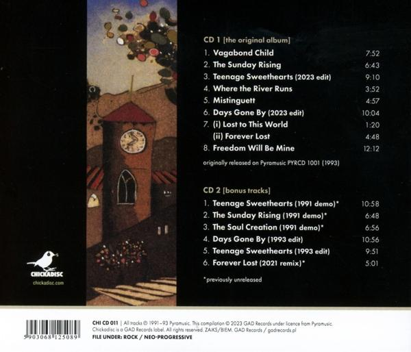 CD-Rückseite mit Trackliste und Illustration einer Turmuhr-Kirche.