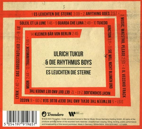Albumcover mit rotem Hintergrund, weißem Text in einem Quadrat angeordnet und einer Titelliste.