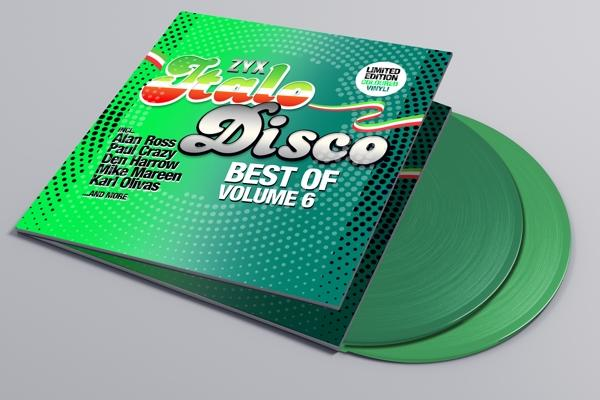 Vinylplatte mit grünem Cover, der Text lautet ZYX Italo Disco Best of Volume 6.