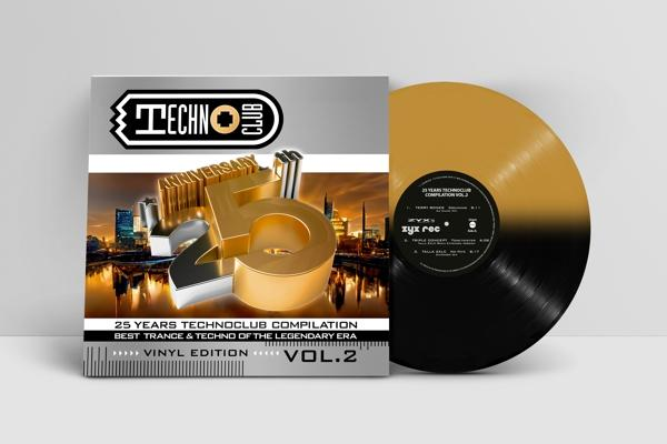 Eine Vinyl-Schallplatte und ihre Hülle mit der Aufschrift 'Techno Club 25 Years'.