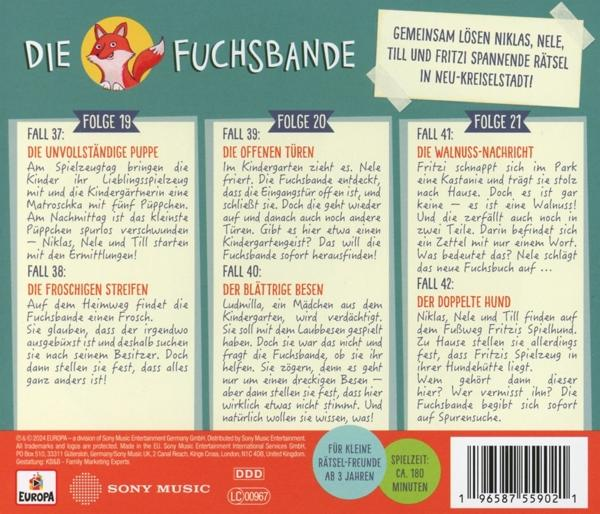 Rückseite einer DVD-Hülle mit Episodentiteln und Bildern aus der Serie 'Die Fuchsbande'.