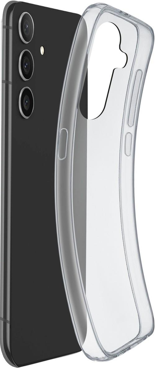 Coque de téléphone transparente à côté d'un téléphone noir. La coque est sur une surface blanche.
