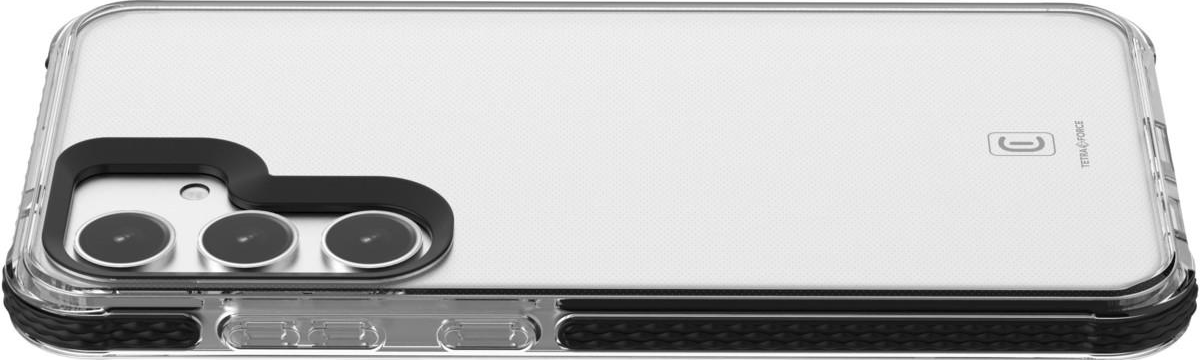 Une coque de téléphone blanche avec une bosse noire pour l'appareil photo et des boutons noirs sur le côté.