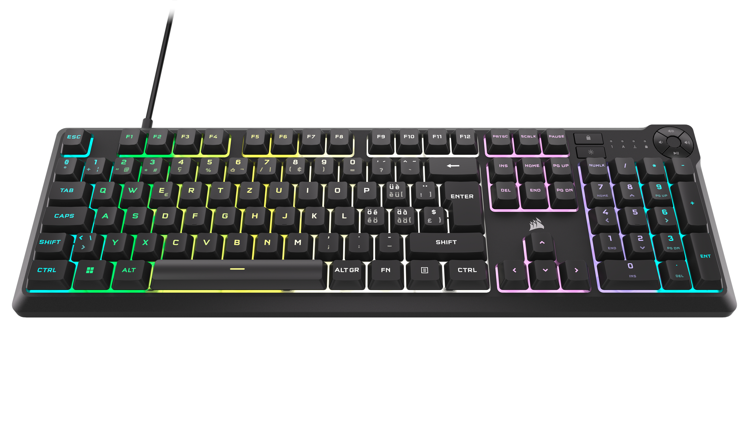 Schwarze Tastatur mit Regenbogenfarben-Tasten. Die Tasten haben Buchstaben und Zahlen.
