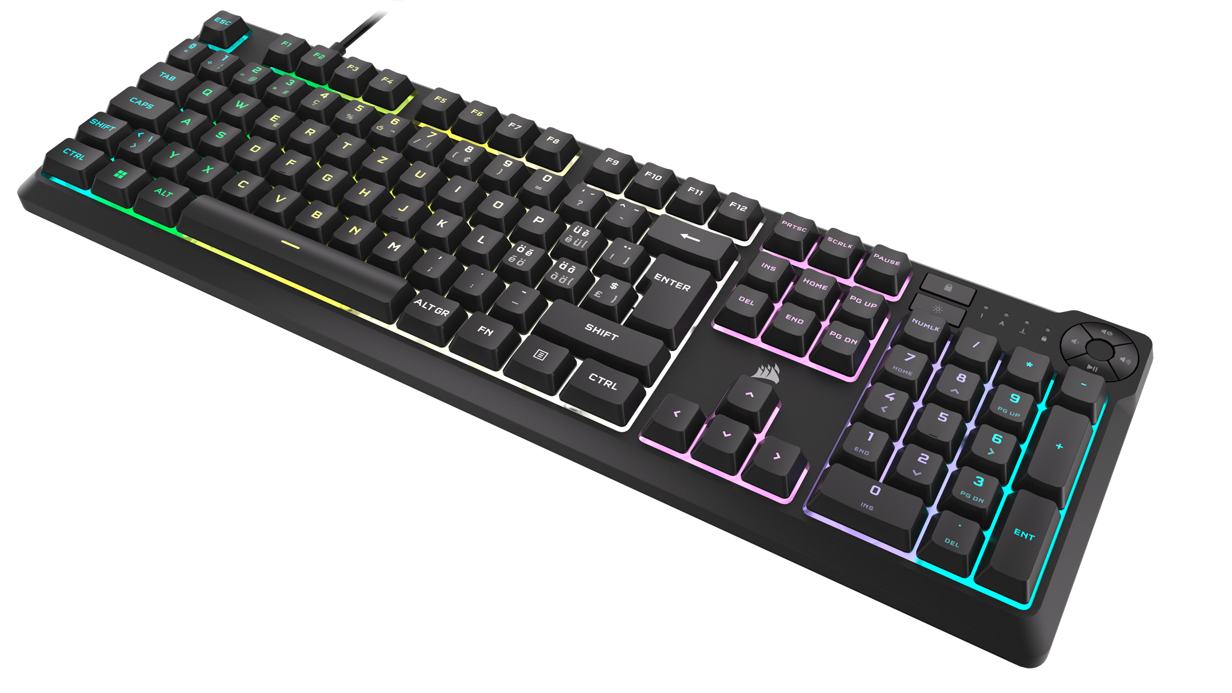 Schwarze Tastatur mit farbig beleuchteten Tasten, Standard-Layout, weißer Hintergrund.