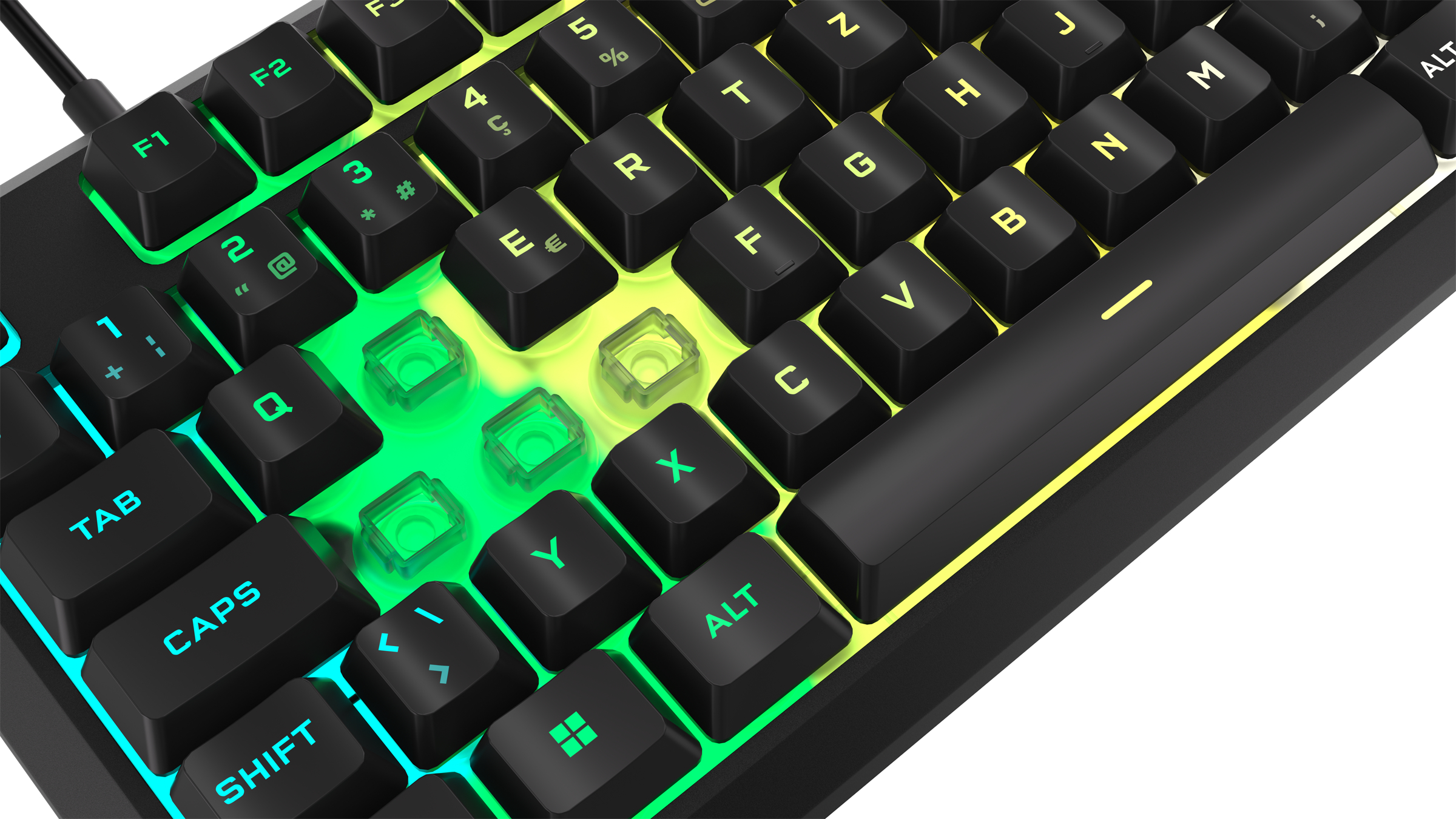 Nahaufnahme einer schwarzen Tastatur mit beleuchteten Tasten. Einige Tasten sind transparent grün.